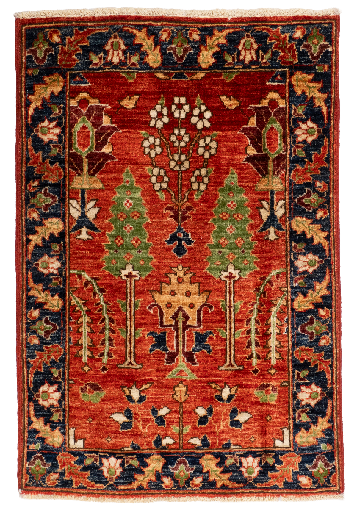2' x 2'10" Cypress tribal rug, full top-down view: two green cypress trees and flowers on red with navy border