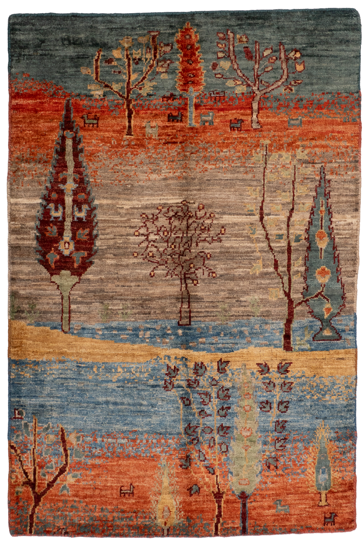 2'1" x 3' Luri Gabbeh tribal rug, full top-down view: cypress and leafy trees on rust, gray and blue bands