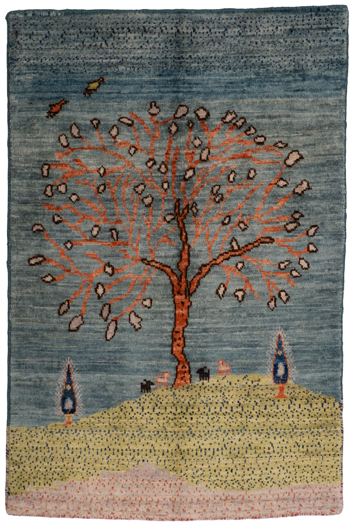 1'11" x 2'11" Luri Gabbeh tribal rug, full top-down view: rust tree with gray leaves on blue-green, olive hill