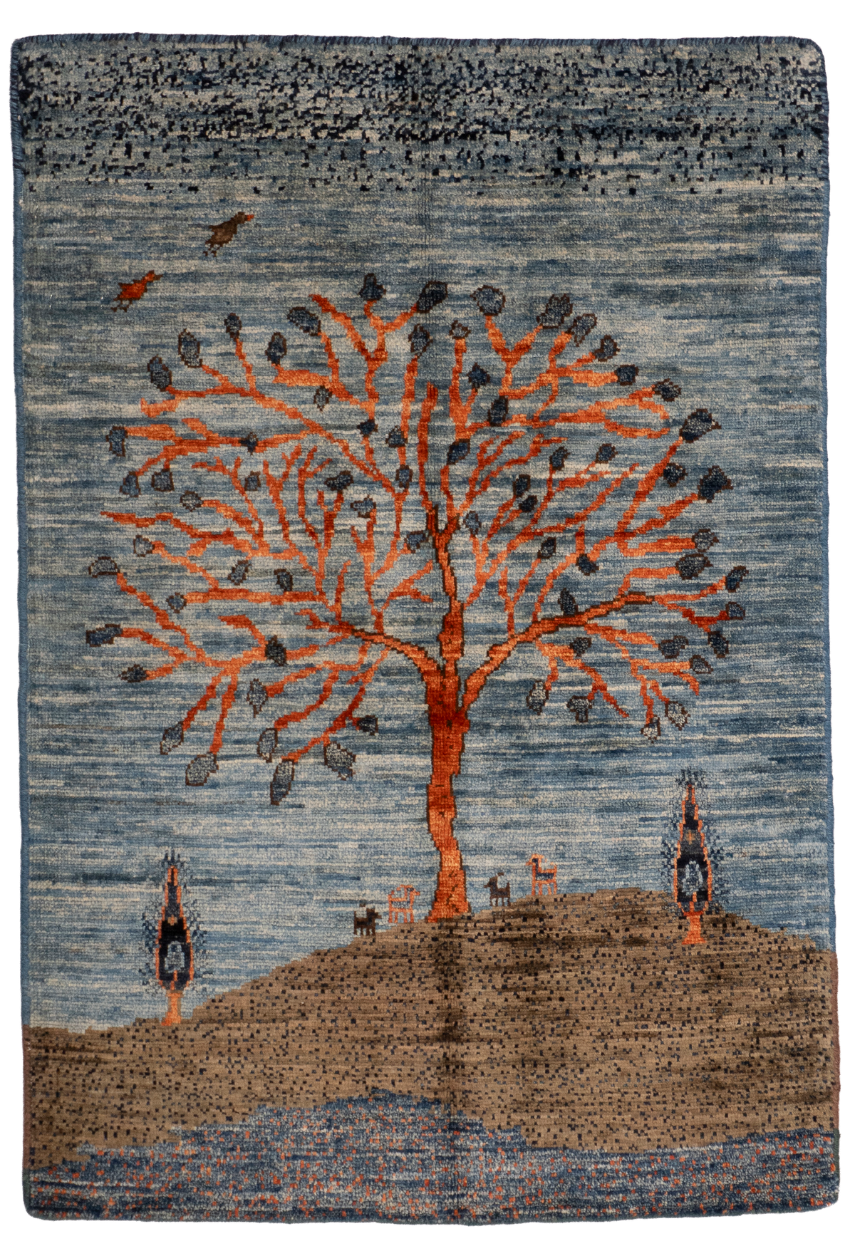 2' x 2'11" Luri Gabbeh tribal rug, full top-down view: orange tree with gray leaves on blue sky over a brown hill