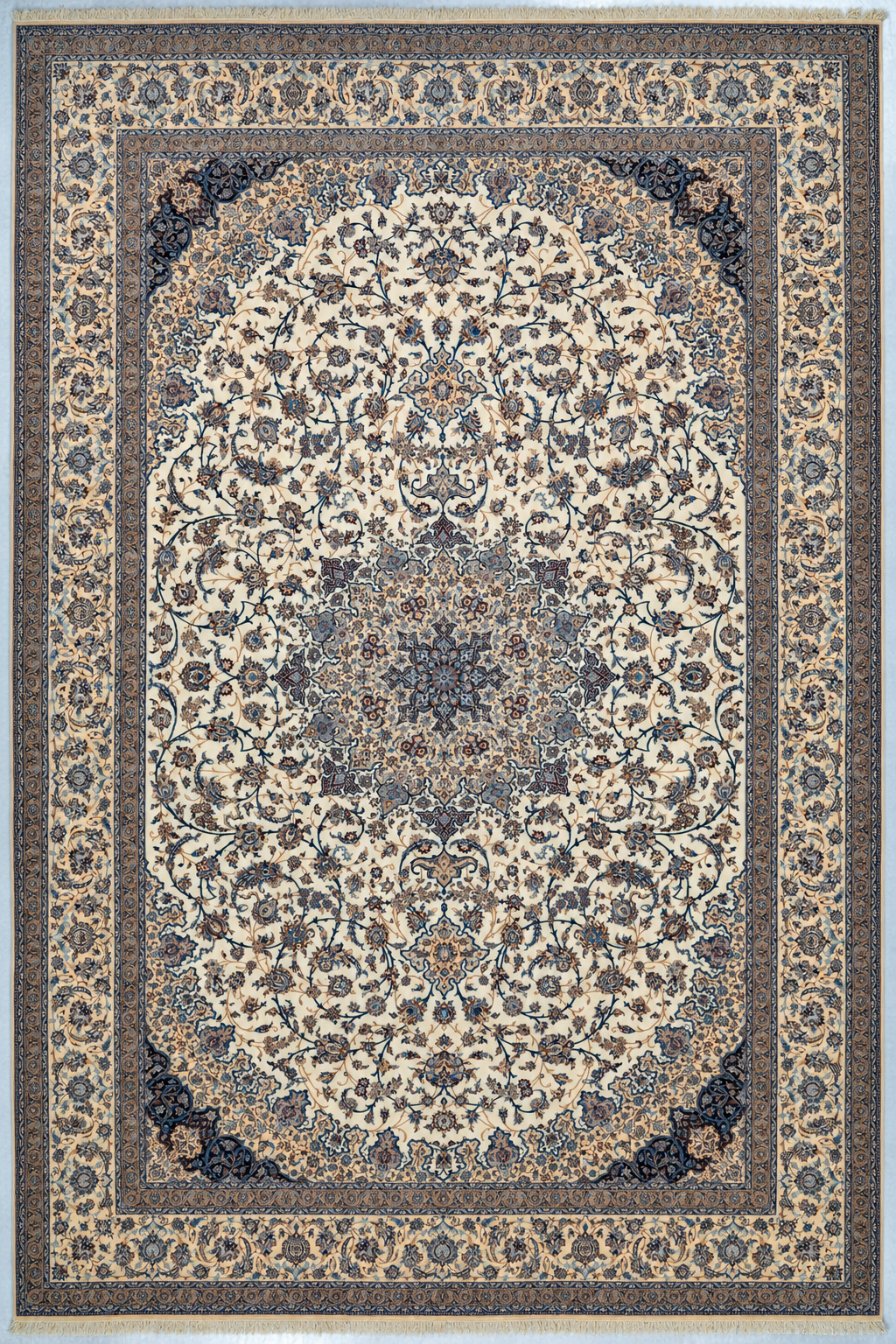 Palace Naein Persian traditional rug, full top-down view: ivory field, blue-gray medallion, navy corners, tan border